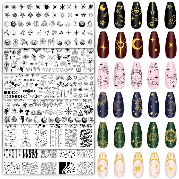 Whaline 6Pcs Sun Moon Star Nail Plates Stamping Set Groovy Stamp Templates Nail Art Plates for DIY Print Manicure Salon Design Gift Supplies