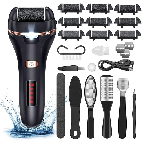 Electric Callus Remover for Feet,Rechargeable Foot File Hard Skin Remover,Waterproof 14 in1 Professional Pedicure Kit for Cracked Heels &Dead Skin,with 9 Roller Heads 2 Speed, Battery Display