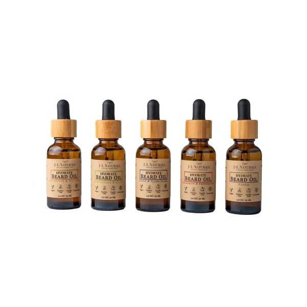 J&L Naturals | Beard Oil for Men | Moisturize, Beard Care | 100% Natural Ingredients With Argan Oil, Jojoba Oil, Coconut Oil | Cruelty Free, Vegan, Paraben Free (Variety, 1 Fl Oz (Pack of 5))