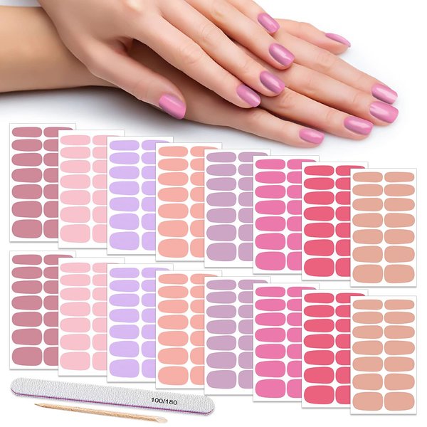 DANNEASY 16 Sheets Nail Polish Stickers Solid Color Full Nail Wraps Self Adhesive Nail Polish Strips for Women Acrylic Nail Art with 1pc Nail File, Cuticle Stick (Pink Red)