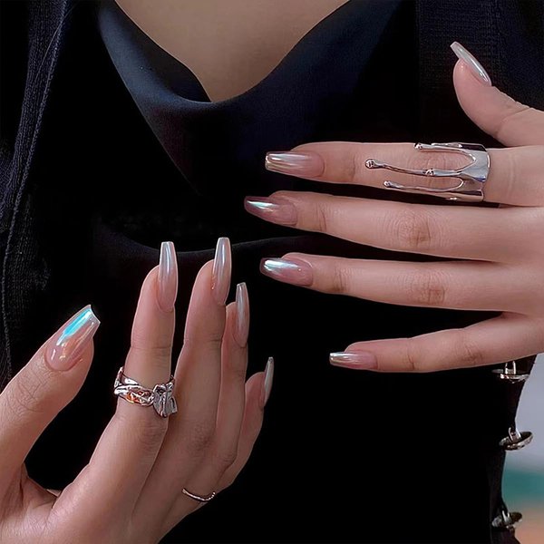 Leuhiove 24 Pcs Press On Nails Medium Chrome Glue On Nails with Nail Glue Reusable Stick On Nails Gel False Fake Nails Kit