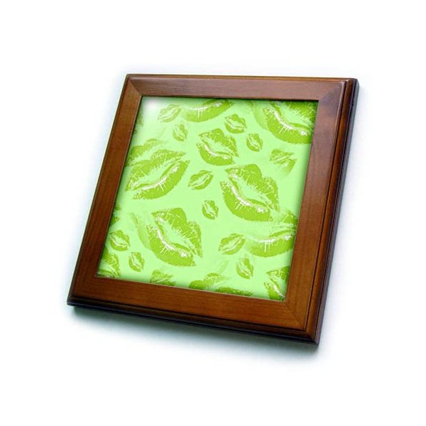 3dRose Two Kisses Collided Lip Smacking Lime Colored Lips Pattern - Framed Tiles (ft_357224_1)
