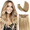 Real Hair Extensions Clip in Human Hair Golden Blonde Mixed Honey Blonde Highlights Seamless Clip in Hair Extensions 5pcs 70g Long Straight Natural Remy Human Hair Seamless Clip ins 16 Inch