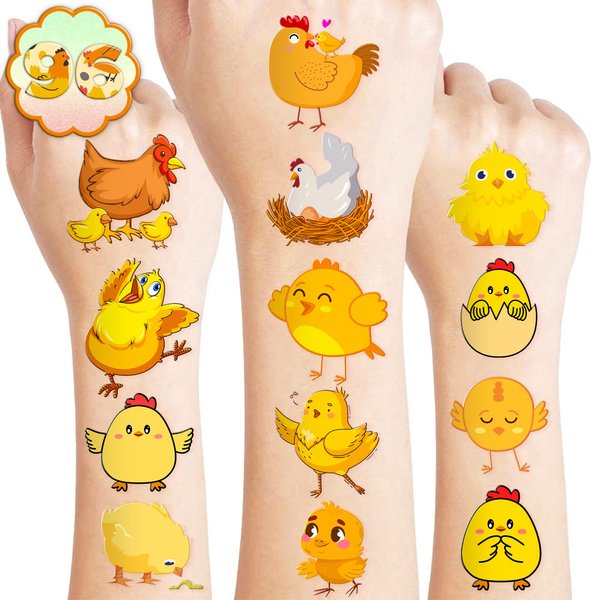 Generic Chicken Temporary Tattoos Birthday Party Supplies Favors Decorations Super Cute 96PCS Fake Tattoos Stickers for Boys Girls School Classroom Rewards Gifts Ideal