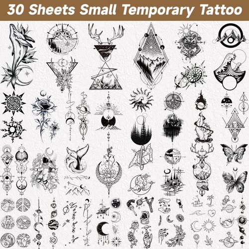 EMOME 150 Styles Art Black Temporary Tattoos For Women Men Adults, 3D Fake Realistic Star Sun Moon Tattoo Stickers Boys Girls, Long Lasting Temporary Tattoos on Finger Neck