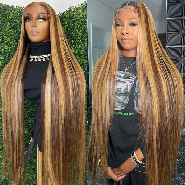 Poysew Ombre Lace Front Wig Human Hair 26inch Highlight 13x6 HD Straight Lace Front Wigs 180% Density 4/27 Colored Honey Blonde HD Lace Frontal Wigs For Women