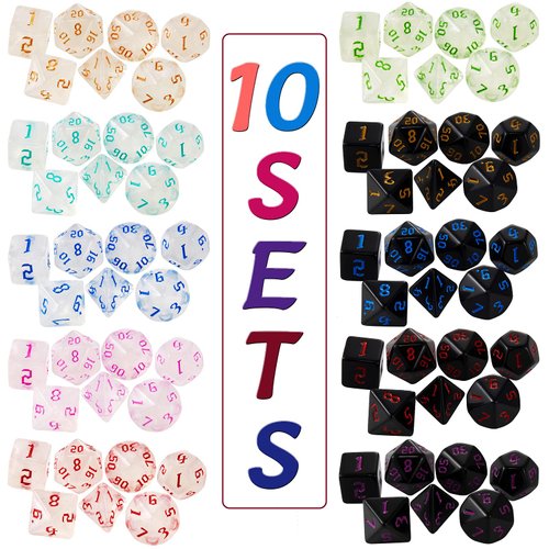 Surhugvy DND Dice, 10 X 7 (70 Pieces) Polyhedral Dice Set for Dungeons and Dragons DND RPG MTG Table Games D4 D6 D8 D10 D% D12 D20 with 10 Pack Black Bags