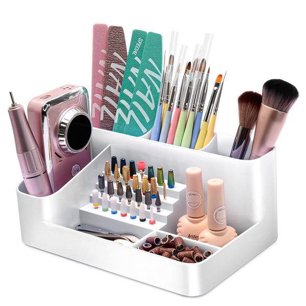 Anrui Nail Drill Machine & Bits Storage Box, Plastic Nail desk organizer of 28 Holes Nail Drill Holder, Professional Nail Drill Grinding Bit Holder Box for Manicure tools - White