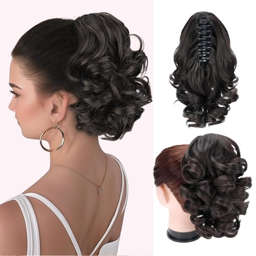 Foaoit Short Ponytail Extension Claw Clip in Hair Extensions for Women 10 Inch Curly Wavy Ponytails Synthetic Updo Hair Pieces for Kids Girls (Darkest Brown Tend to Black)