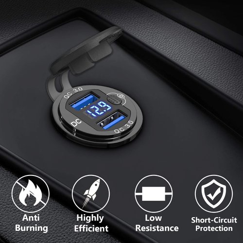 [Metal Shell] 12V USB Outlet Dual QC 3.0: Qidoe Aluminum Socket 12 Volt Motorcycle USB Outlet with LED Voltmeter Button Switch Waterproof 12 V Car Charger for Boat Marine Moto RV Golf Cart