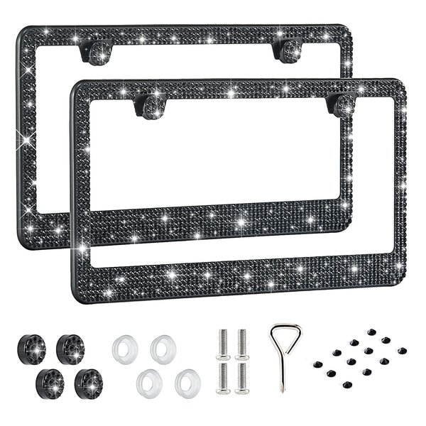 FIISFIIS Bling License Plate Frame for Women,2 Pack Premium Stainless Steel Rhinestone License Plate Holder,Handmade Glitter Crystal Diamond Girl Lincense Plate Tag Cover,Bedazzled Sparkly-Black