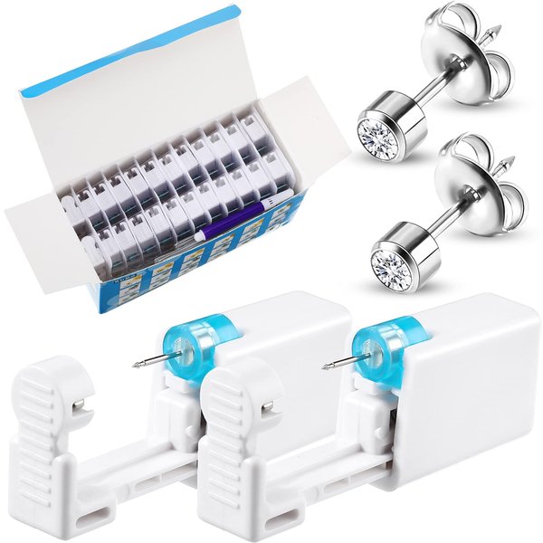 24 Pieces Self Ear Piercing Tool Disposable Ear Piercing Kit Household Ear Piercing Tools Safety Portable Ear Nose Piercing Tools with 24 Pieces Crystal Earring Studs (Silver Earring)