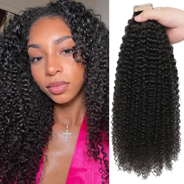 Hotlulana 40pcs Curly Tape in Hair Extensions Human hair Black Girl 3c 4a Kinky Curly Tape Ins Full Head Seamles Real Human Hair Tape in Extensions Natural Black Color 16 Inch 80g