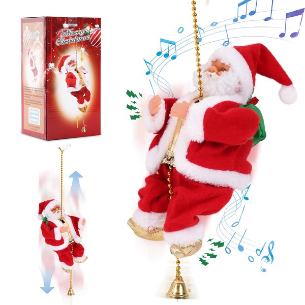 Gfilay Climbing Santa with Music, Christmas Tree Pendant Ornament Novelty Climbing Santa Claus on Rope, Holiday Decoration, Great Gift