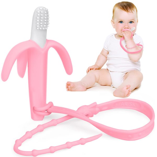 SHARE&CARE Baby Banana Teether and Baby Toothbrush, Baby Teether and Baby Chewing Toys for Infants, Baby Teething Toys for Baby Shower (Pink)