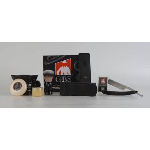 G.B.S Men's Shaving Set- Deluxe Straight Razor 6/8in Carbon Steel Razor, Shaving Mug, Synthetic Bristles Brush, Shaving Soap Razor Case, Alum Block and Strop