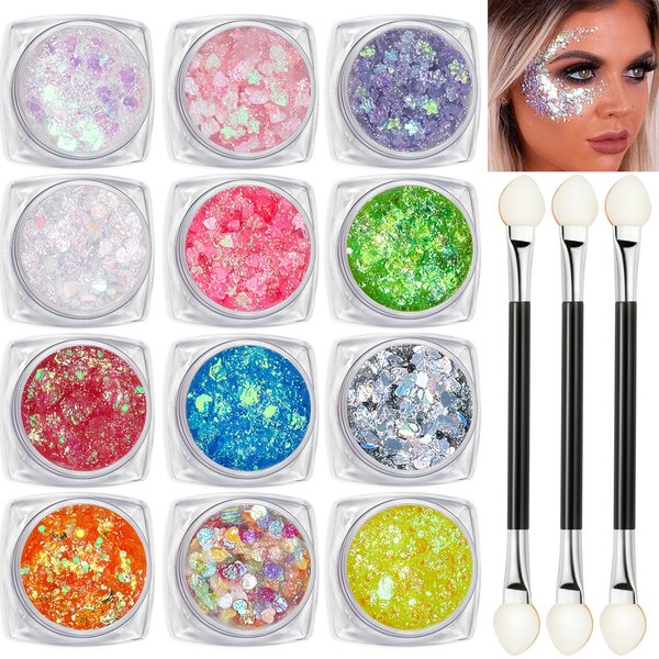 12 Colors Body Glitter Gel Kit, Super Long Lasting Holographic Chunky Glitter Gel Festival Party Makeup for Face, Body, Hair, Nail Art, Eyeshadow, 3Pcs Sponge Makeup Brush Include (Set C)