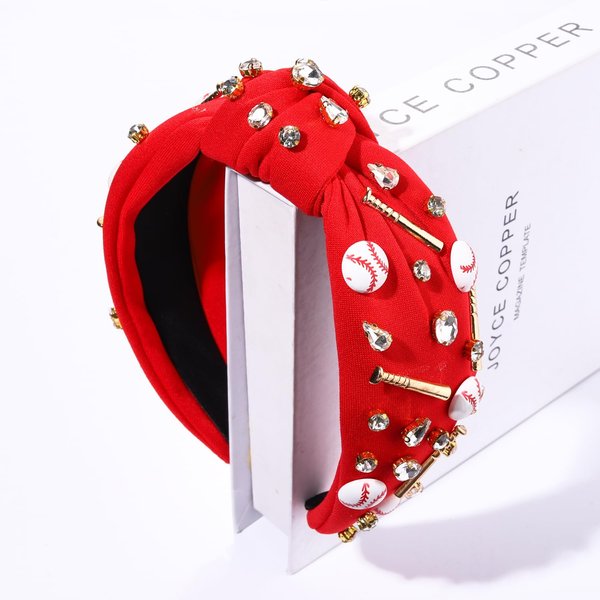 Baseball Knotted Headband for Women Sport Hairband Baseball Charms Crystal Jeweled Embellished Wide Top Knot Headpiece Game Day Accessories Funny Gifts for Ladies Girls Fans (Baseball Knotted RED)