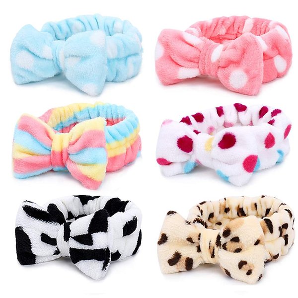 Casoty 6 Pcs Spa Headband, Bow Hair Band, Soft Coral Fleece Makeup Headband, Makeup Headband, Makeup Hair Band, Skincare Headbands, Makeup Headband for Face Washing Shower Skin Care Yoga