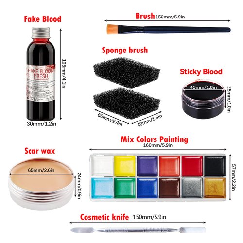 Special Effects SFX Halloween Makeup Kit - Fake Blood + Coagulated Blood Gel + 12 Colors Bruise Makeup Face Body Painting Palette with Brush + Scar Wax with Dual-ended Spatula Tool + Stipple Sponges
