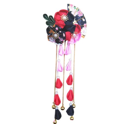 CRB Fashion Womens Girls Kimono Traditional Tsumami Kanzashi Outfit Wedding Japanese Asian Yukata Hair Tie Flower Floral Fan Barrette Clip (Black/Red)
