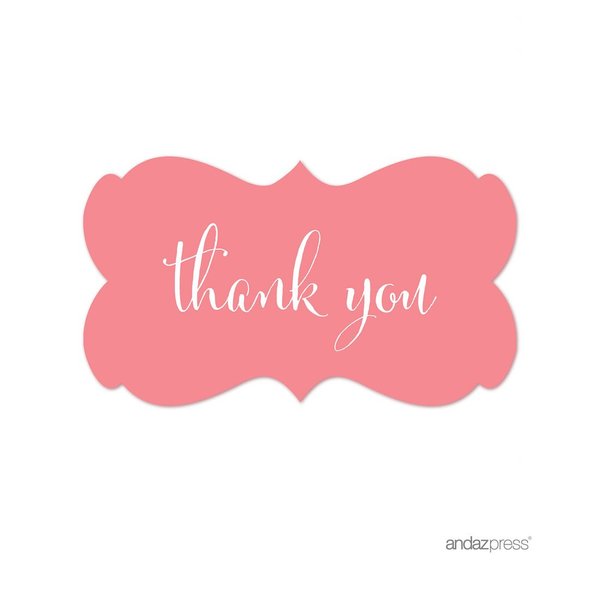 Andaz Press Fancy Frame Rectangular Label Stickers, Thank You, Coral, 36-Pack Wedding Decorations, Wedding Favors, Stickers for Packaging, Party Favor