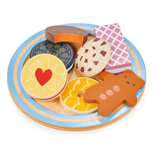 Mentari Toys - Teatime Biscuit Plate - 8pc Wooden Biscuit Set with Plate - Pretend Play Kitchen Accessories - Encourage Role Play and Develop Social Skills - Gift for Toddlers - Age 3+