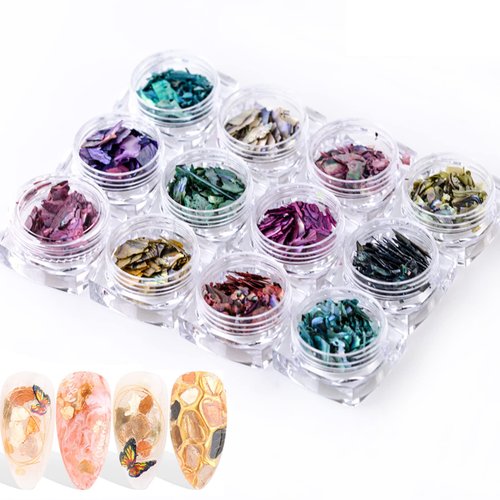 Nail Art Shell Slices, 12 Boxes Colorful Irregular 3D Nail Abalone Slices Nail Art Shell Stones Nail Sequins Decoration
