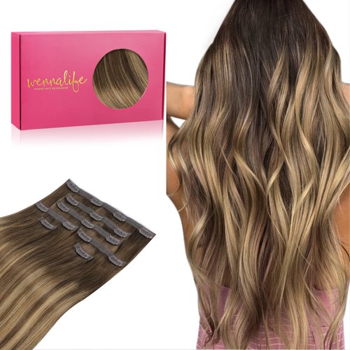 WENNALIFE Genius Seamless Clip in Hair Extensions Human Hair 7pcs Ultra Invisible 50% Thinner Seamless Hair Extensions Clip In Balayage Chocolate Brown to Caramel Blonde Real Human Hair