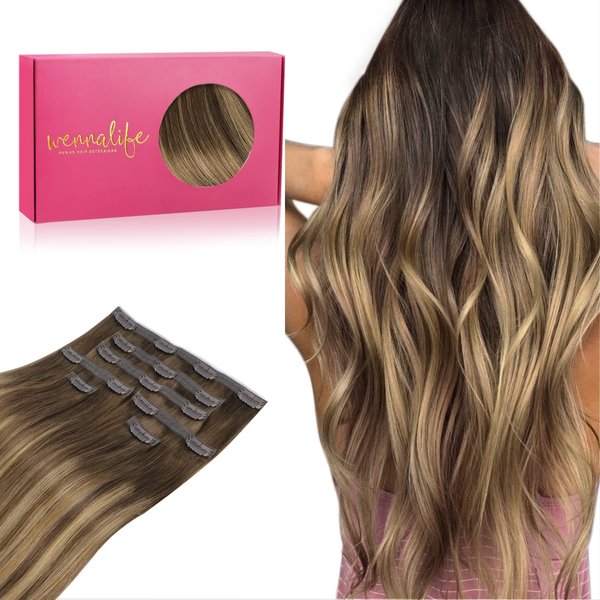 WENNALIFE Genius Seamless Clip in Hair Extensions Human Hair 7pcs Ultra Invisible 50% Thinner Seamless Hair Extensions Clip In Balayage Chocolate Brown to Caramel Blonde Real Human Hair