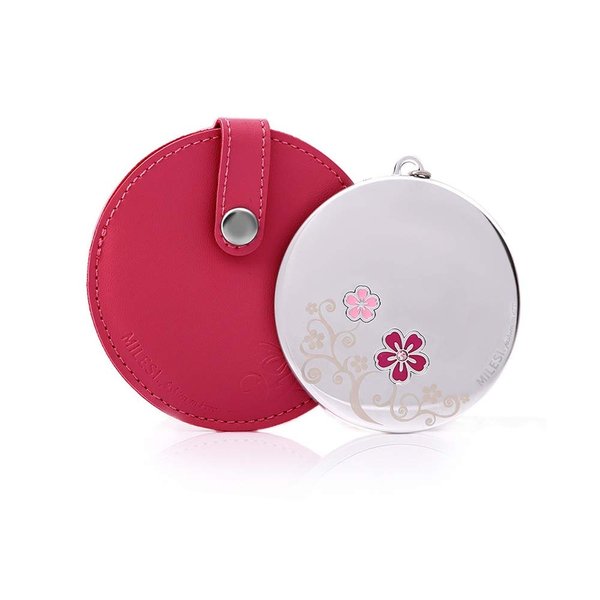 MILESI Cherry Blossom Mini Round Makeup Mirror with Leather Holster Gift for Women (Peach Red)