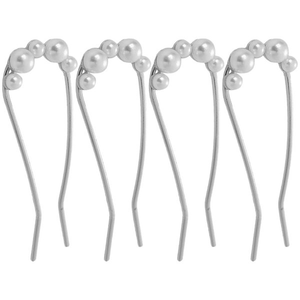 Beaupretty 4pcs French Hair Pin Pearl Hair Forks U Shaped Hair Stick Metal Womens Hair Clips Hair Accessories for Bun（Silver）