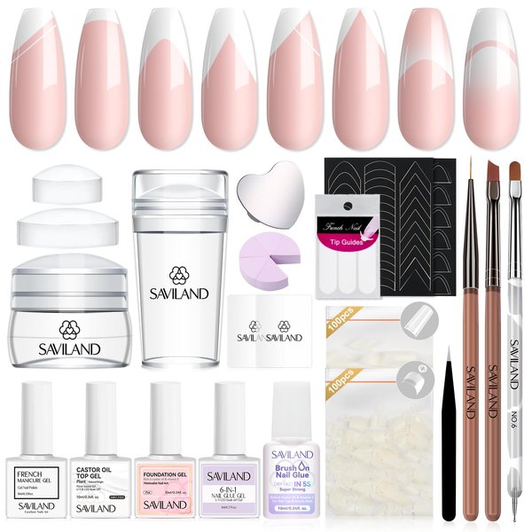 Saviland French Manicure Kit with Everything: Silicone French Tip Nail Stamp French Nails Kit for Beginners Easy French Nail Brush French Nail Tips Guide Stickers Fast French Tip Tool Acrylic Nail Kit