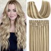 Loxxy Human Hair Extensions Clip in Piano Light Brown Mixed With Platinum Blonde 110Gram 7PCS Seamless Hair Extensions Clip in Human Hair Remy PU Clip In Hair Extensions For Women #P8/60 16Inch