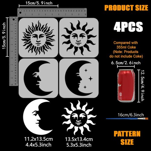 FINGERINSPIRE 4 PCS Sun Moon Stencils for Painting with Brush 5.9x5.9inch Reusable Sun Moon Face Template Hollowed Emoticon Stars Stencil Plastic Fantasy Theme Template for Floor Furniture Decoration