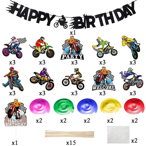 ANGOLIO 42Pcs Dirt Bike Party Decoration Kit Motocross Party Hangling Swirls Dirt Bike Extreme Sports Racing Birthday Party Banner Cake Topper and Table Centerpieces for Man's or Boys