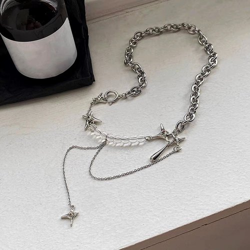 Buyongwant Irregular Star Pendant Necklace Y2k Beads Silver Metal Women's Design Collar Chain Fashion 15.75 Inch
