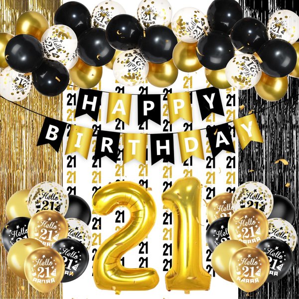 21st Birthday Party Decorations for Him Her Black Gold Happy 21st Birthday Banner Balloons Gold Number 21 Balloon Curtain Backdrop Black and Gold 21 Year Old Birthday Party Supplies for Men Women