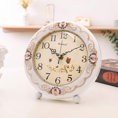 Justup Vintage Table Clock, Retro Non-Ticking European Style Beside Mantle Desk Clock Battery Operated Silent Quartz Movement for Bedroom Living Room Indoor Decor (White)