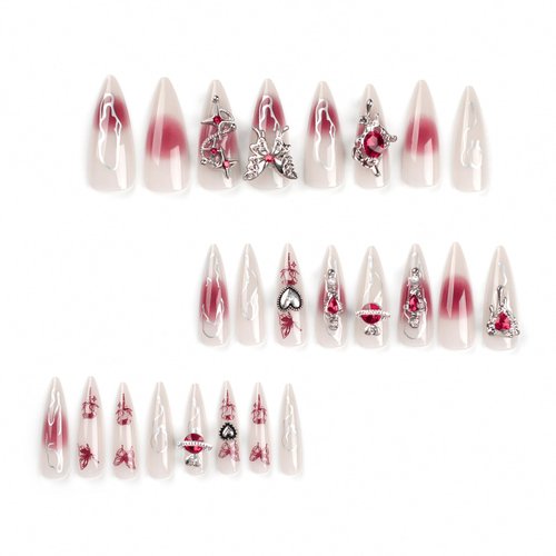 IFMOPETY Goth Nails Press on，Long Spiked Almond Fake Nails - Handmade Red Gem Design for Reusable Fake Nails，12 Sizes - 24 Nail Kit(Gothic)