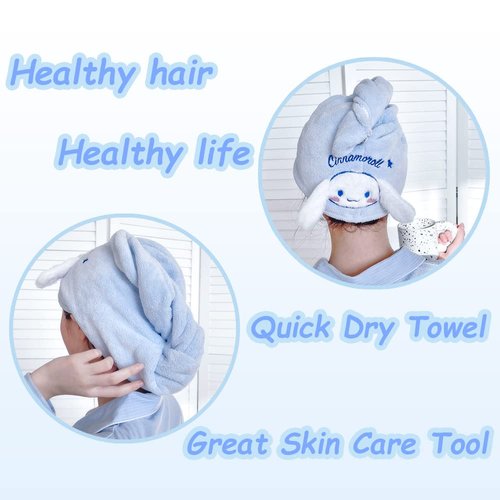 ROFOLO Kawaii Microfiber Hair Towel for Women, Super Absorbent Hair Shower Cap for Long Hair, Quick Dry Towel Wrap with Botton of Cute Hairbands for Women Girls Bath Accessories(Blue)