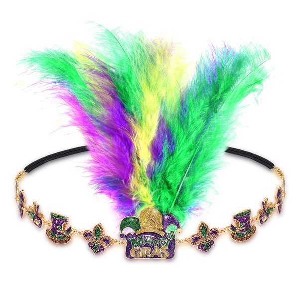 HZEYN Mardi Gras Headband Glitter Crown Mask Fleur De Lis Feather Stretch Headbands Hair Band Party Costume Headwear Hair Accessories (Mardi Gras with Feather)