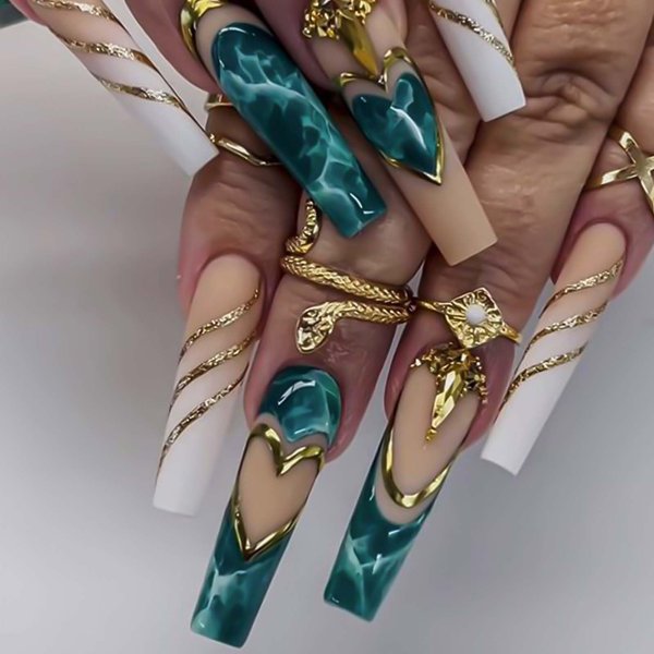 Rchovsam xl Green Press on Nails Extra Long Coffin Fake Nails with Nail Glue,Glue on Nails,Golden Love&Texture UñAs Postizas Full Cover Stick on Nails 24pcs Gel Nail Kit for Womens,Green sfumato