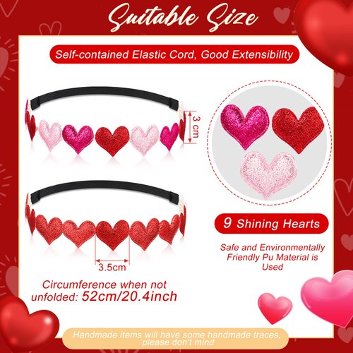 4 Pieces Valentine's Day Headbands Glitter Heart Love Headband Cute Head Bands Cupid Elastic Hair Accessories No Slip Headpiece for Women Girls Party, Pink, Red