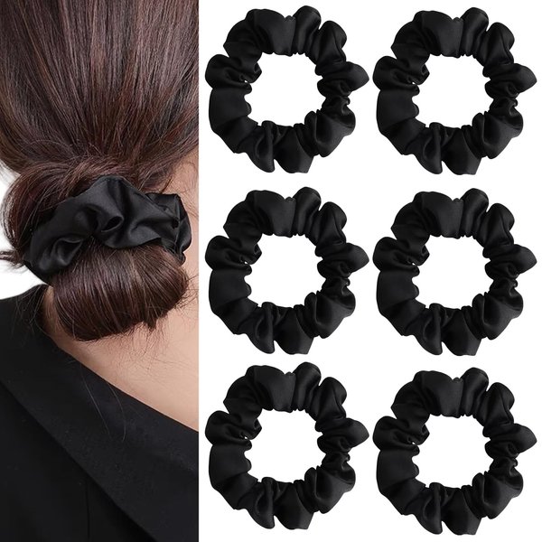 Lemsdee Silk Satin Hair Scrunchies for Women: Soft Scrunchy Hair Ties No Damage Sleepy Tie Ponytail Holders Hair Elastic Bands Accessories for Girls, 6 Pack, Black