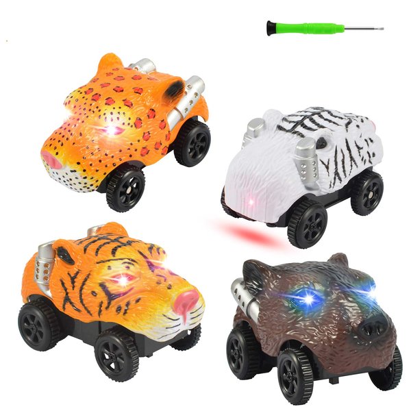 Save Unicorn Tracks Cars Replacement only, Toy Cars for Most Tracks Glow in The Dark, Car Track Accessories with 3 Flashing LED Lights, Compatible with Car Tracks for Kids Girls and Boys(4pack)