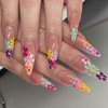 Long Press on Nails Almond Fake Nails Colour Flower Glue on Nails Design Summer False Nails Set Full Cover Artificial Nails Acrylic Manicure for Women and Girls Glossy Manicure Decoration 24pcs