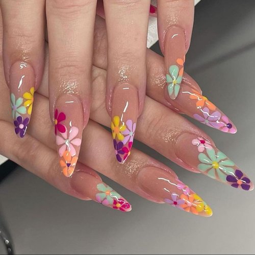 Long Press on Nails Almond Fake Nails Colour Flower Glue on Nails Design Summer False Nails Set Full Cover Artificial Nails Acrylic Manicure for Women and Girls Glossy Manicure Decoration 24pcs