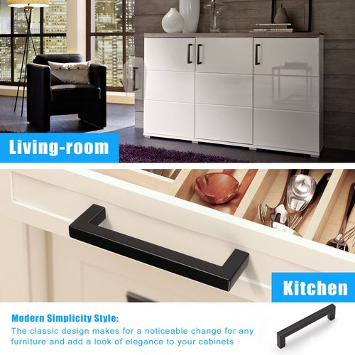 KNOBWELL 6 Pack 5 in Matte Black Kitchen Cabinet Door Handles - Stainless Steel Drawer Dresser Pulls Kitchen Cabinet Handles Black 6 Pack - 5" Hole Centers