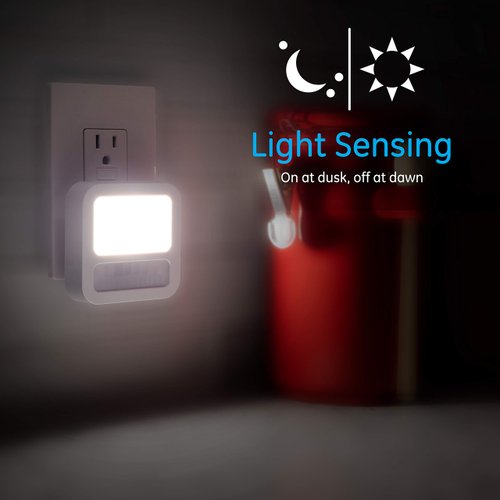 GE LED Motion Sensor Night Light, Dusk to Dawn Sensing, Plug into wall, 20 Lumens, UL-Certified, Energy Efficient, Ideal Nightlight for Bedroom, Bathroom, Kitchen, Hallway, 46439, White, 2 Pack